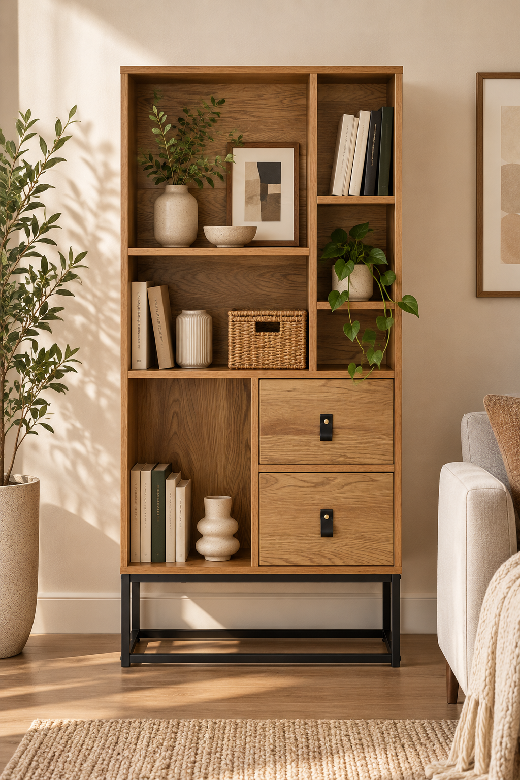 Industrial Display Cabinet with 2 Drawers, Wood Finish and Black Metal Frame