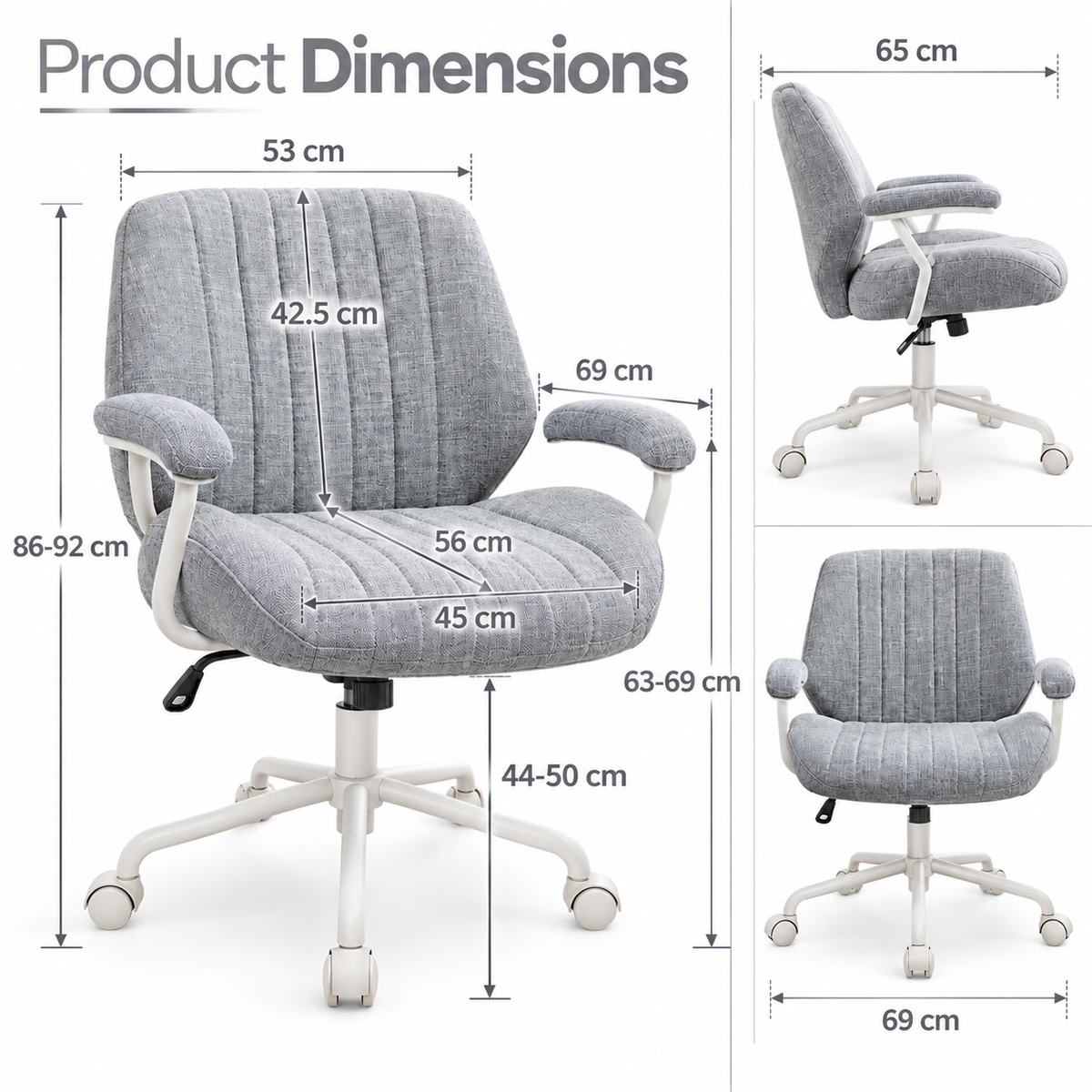 Grey Fabric Office Chair with Padded Armrests, Height Adjustable Swivel Desk Chair
