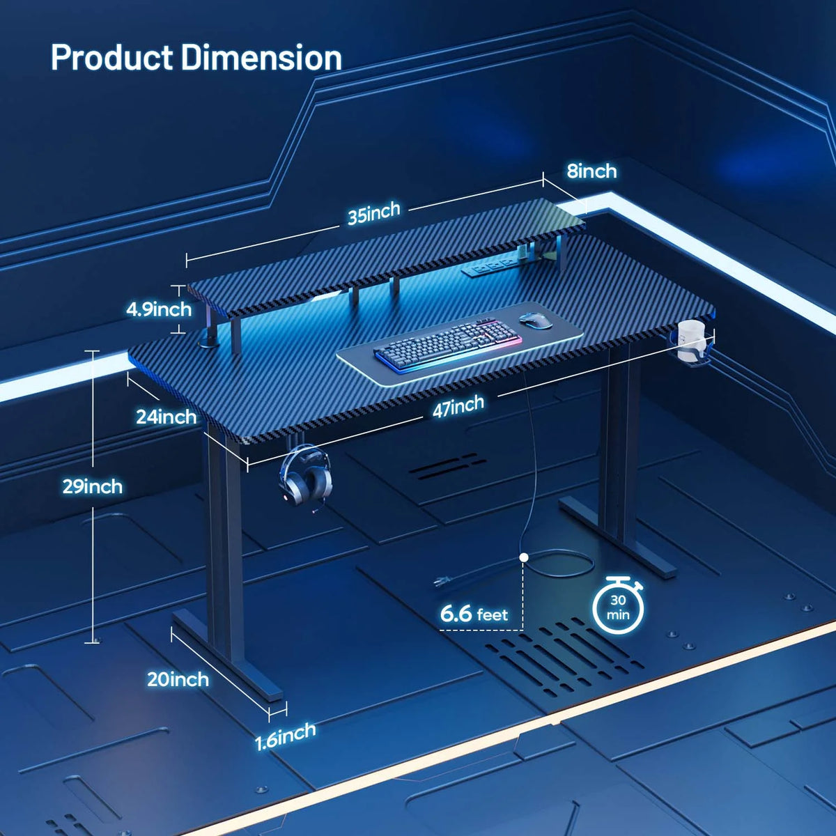 47" Two-Wire Base Gaming Desk with LED Lights