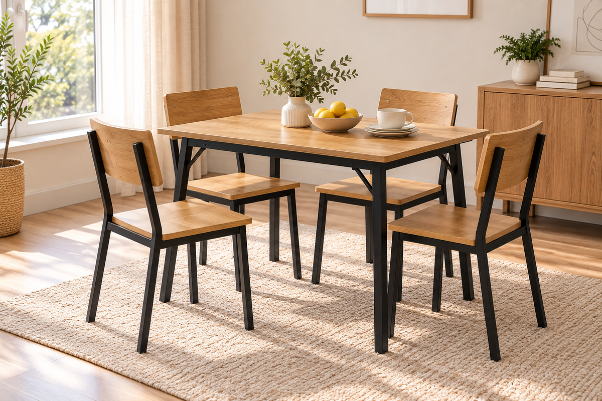 5-Piece Dining Table Set – 1 Table with 4 Chairs, Natural Oak & Black