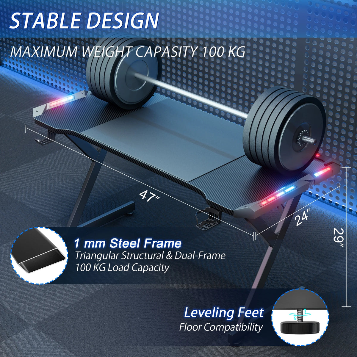 47" Carbon Fiber Gaming Desk with LED Lights