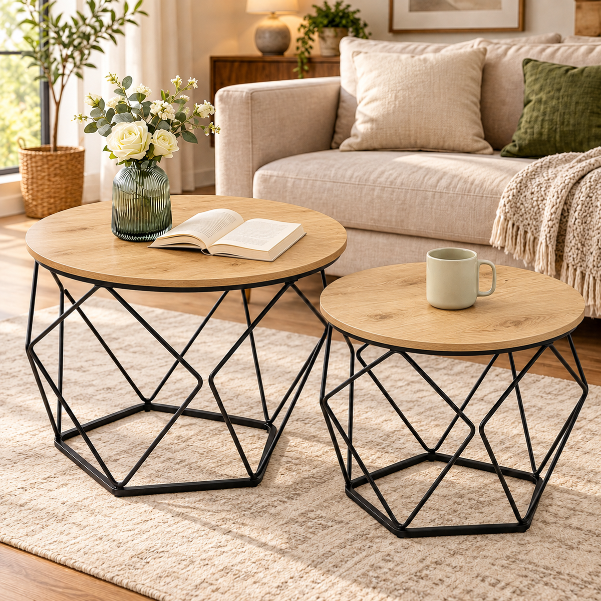 2-Piece Round Nesting Coffee Table Set – Rustic Brown & Black Metal, Industrial Style