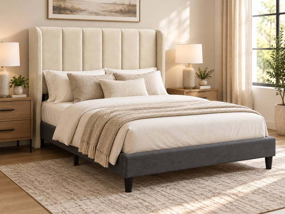 Modern Cream White Upholstered Platform Bed Frame with Vertical Channel Headboard – Twin, Full, Queen & King