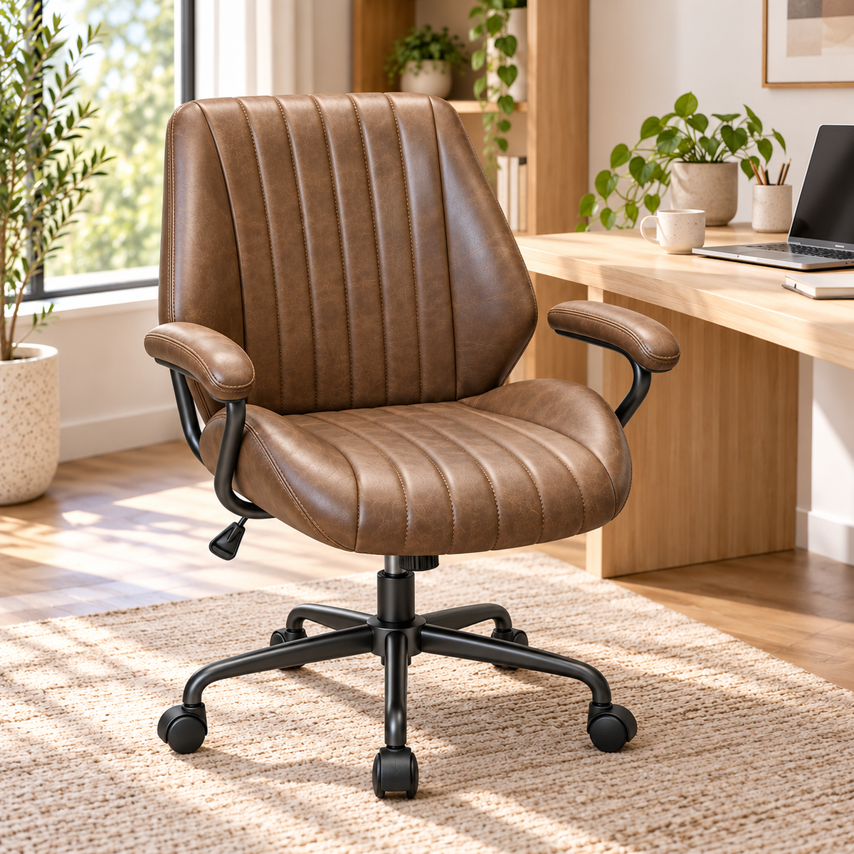 Brown Leather Office Chair with Padded Armrests, Height Adjustable Swivel Desk Chair