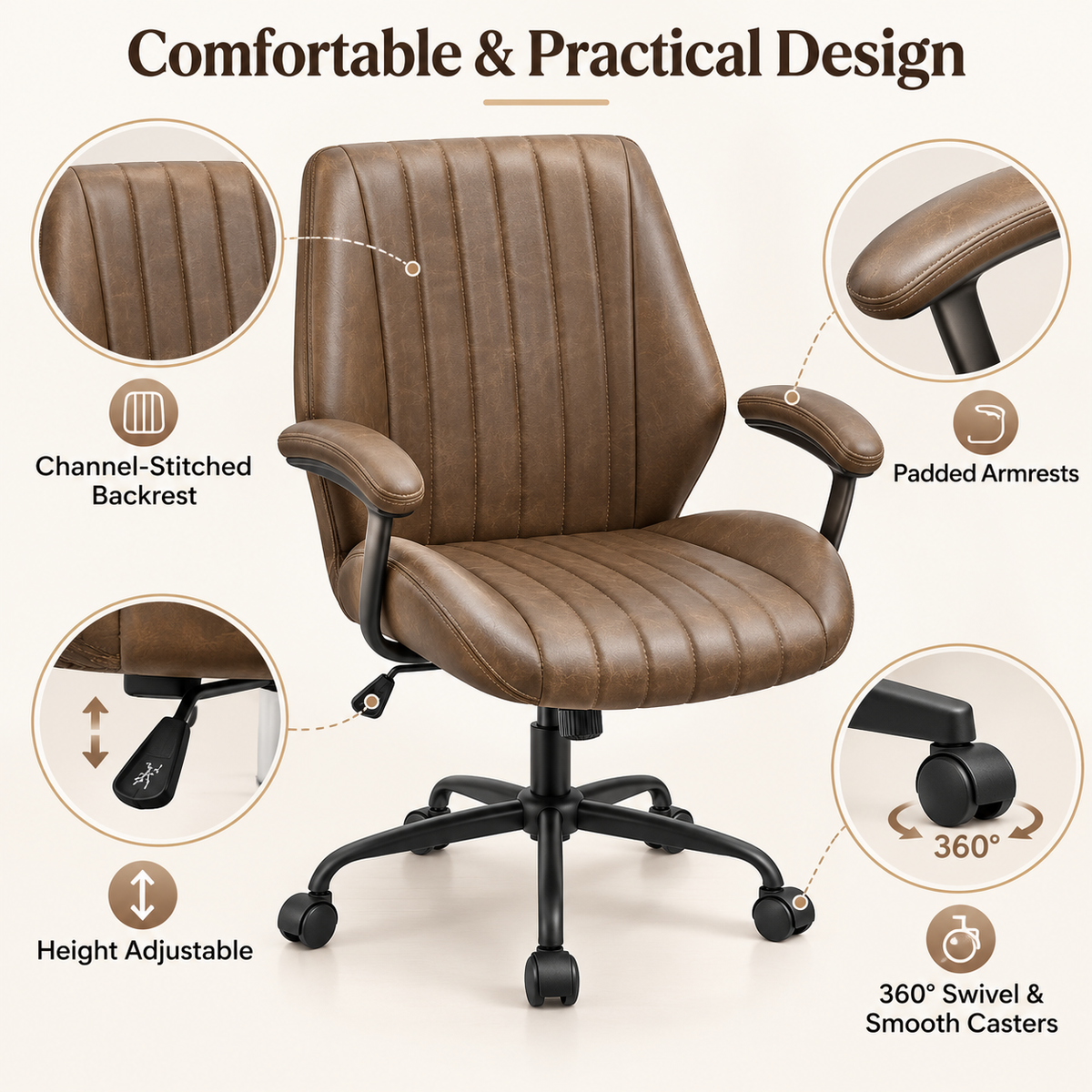 Brown Leather Office Chair with Padded Armrests, Height Adjustable Swivel Desk Chair