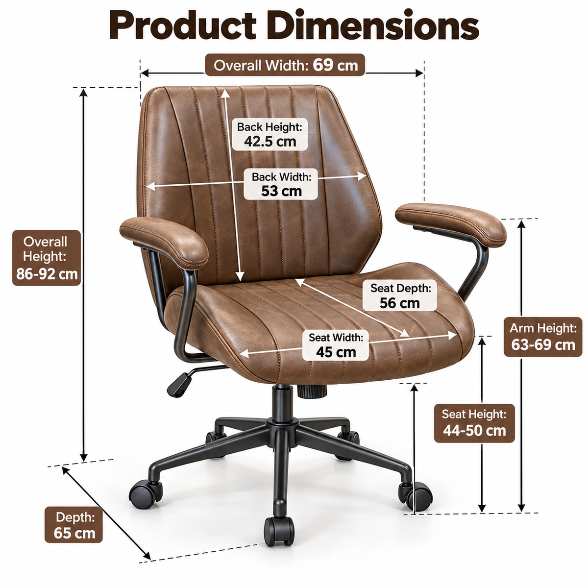 Brown Leather Office Chair with Padded Armrests, Height Adjustable Swivel Desk Chair