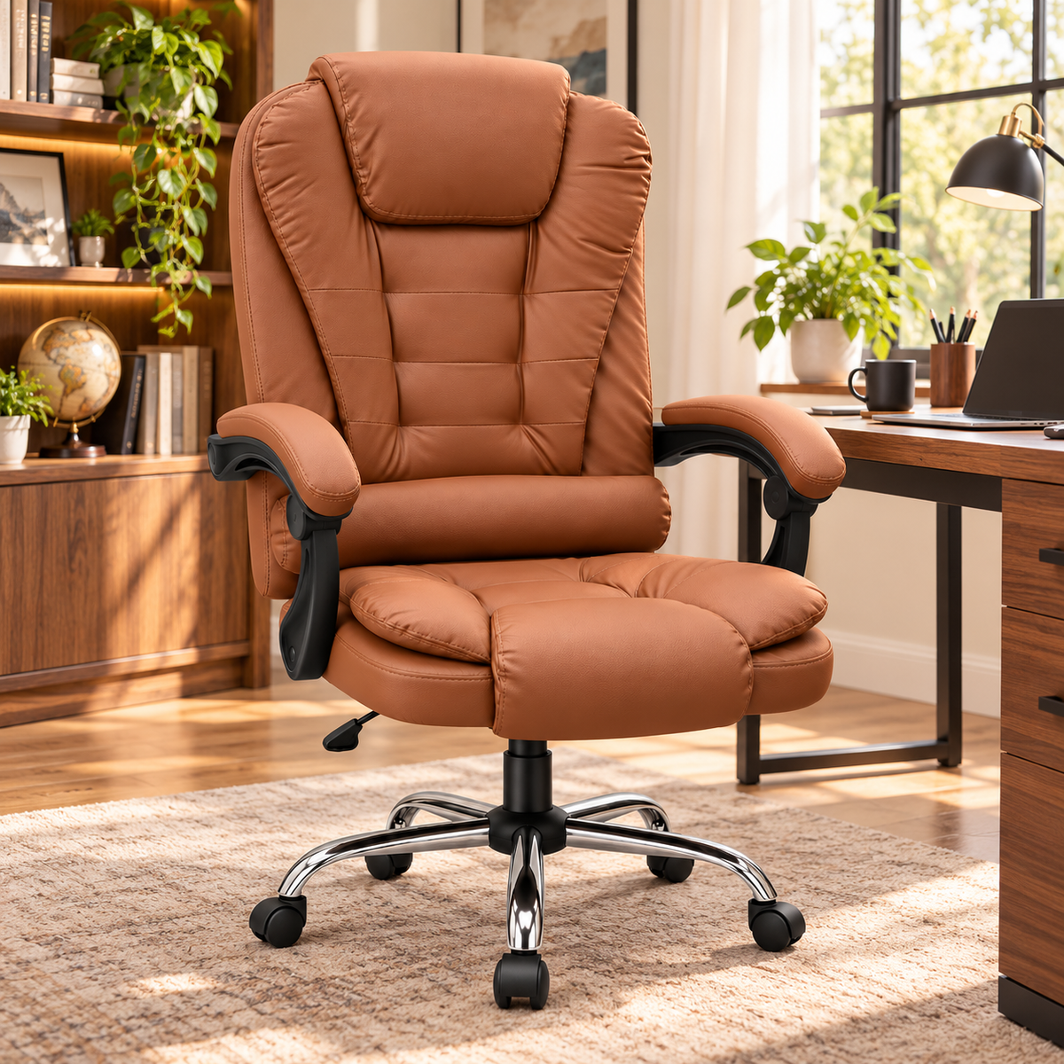 Brown High Back Executive Office Chair with Padded Armrests, Cushioned Swivel Desk Chair