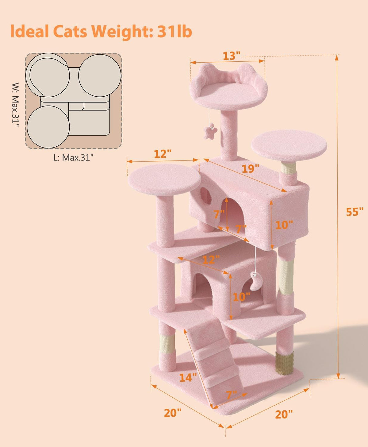 54 Inches Cat Tree Tower, Pink