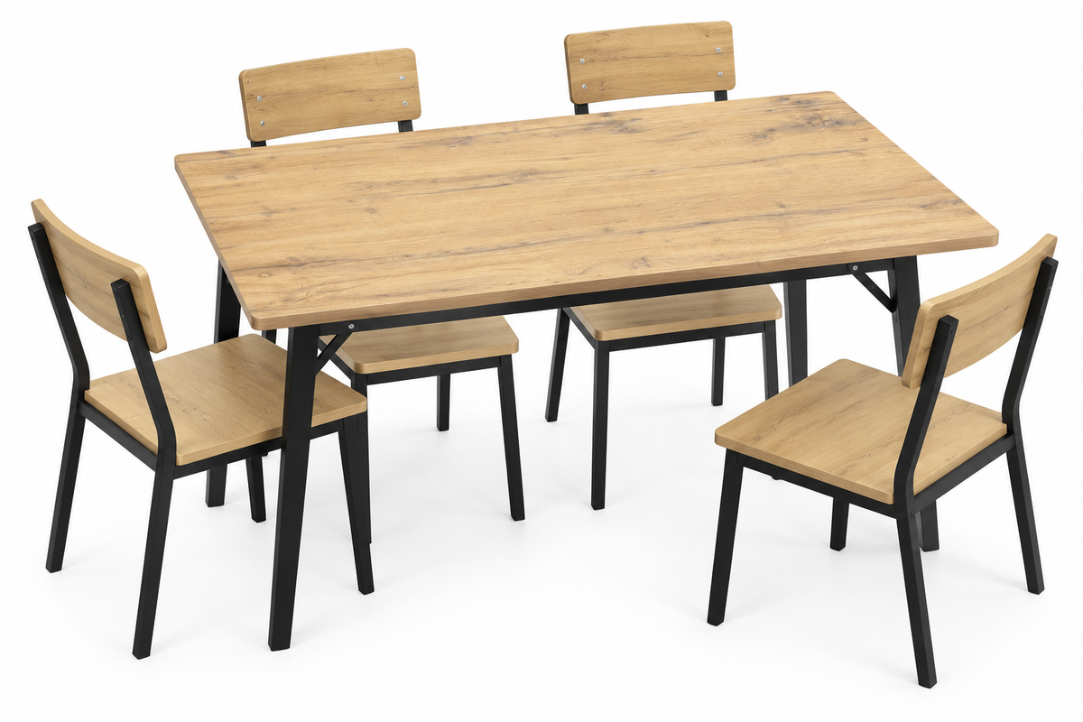 5-Piece Dining Table Set – 1 Table with 4 Chairs, Natural Oak & Black