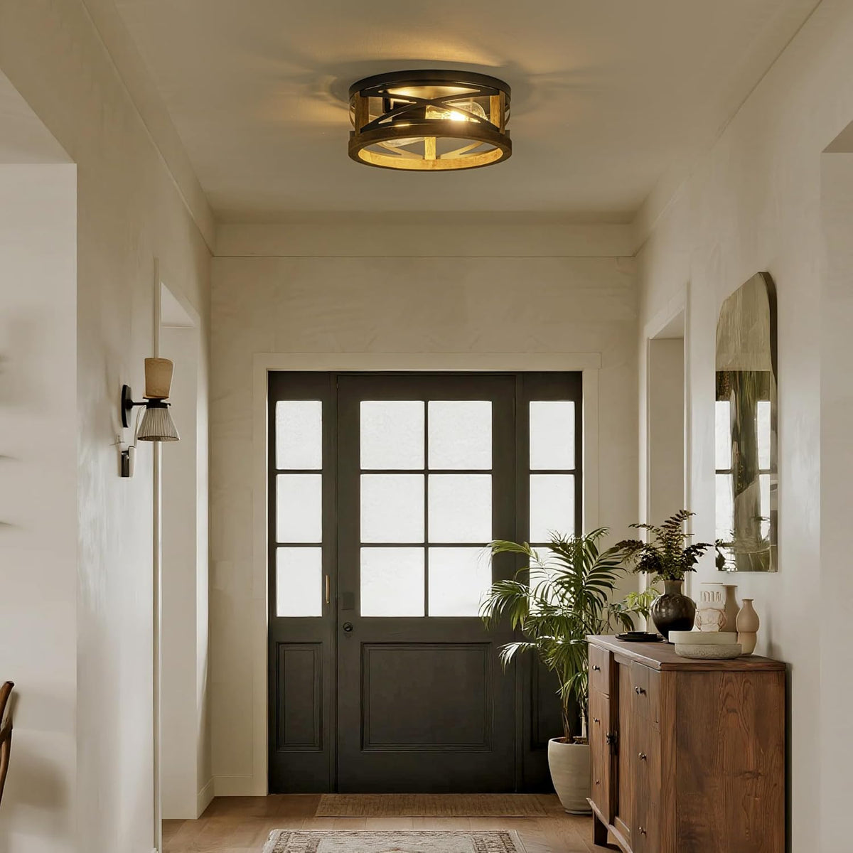 Black Flush Mount Ceiling Light with Metal & Wood Frame Round