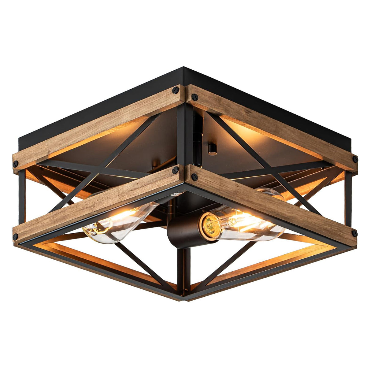 Black Flush Mount Ceiling Light with Metal & Wood Frame