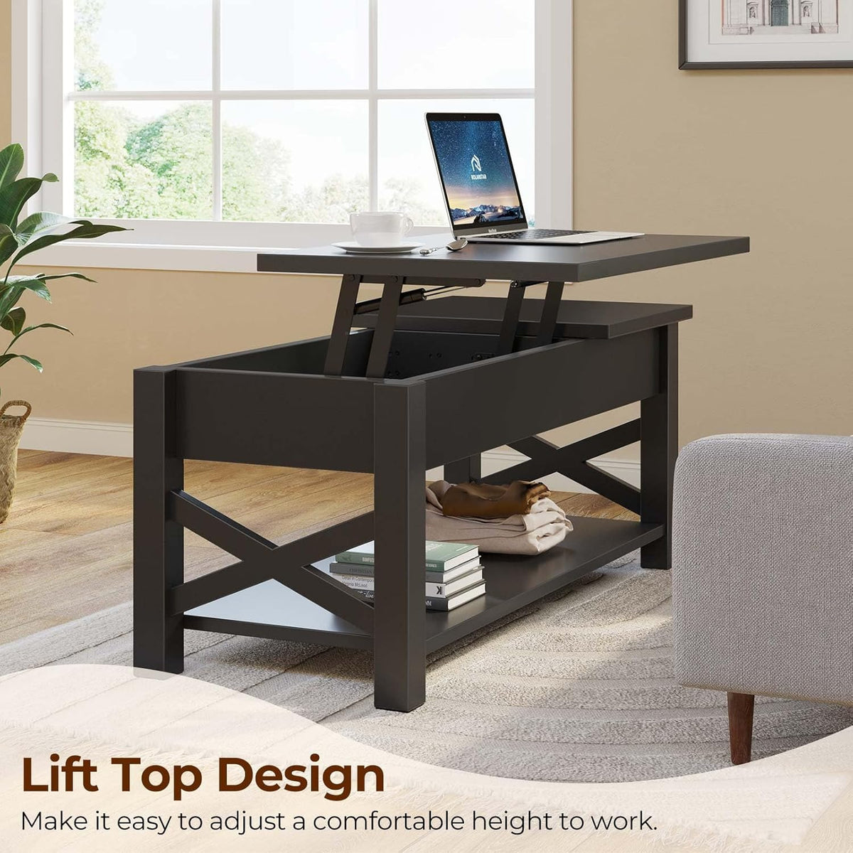 Lift Top Coffee Table With Storage Shelf, Black