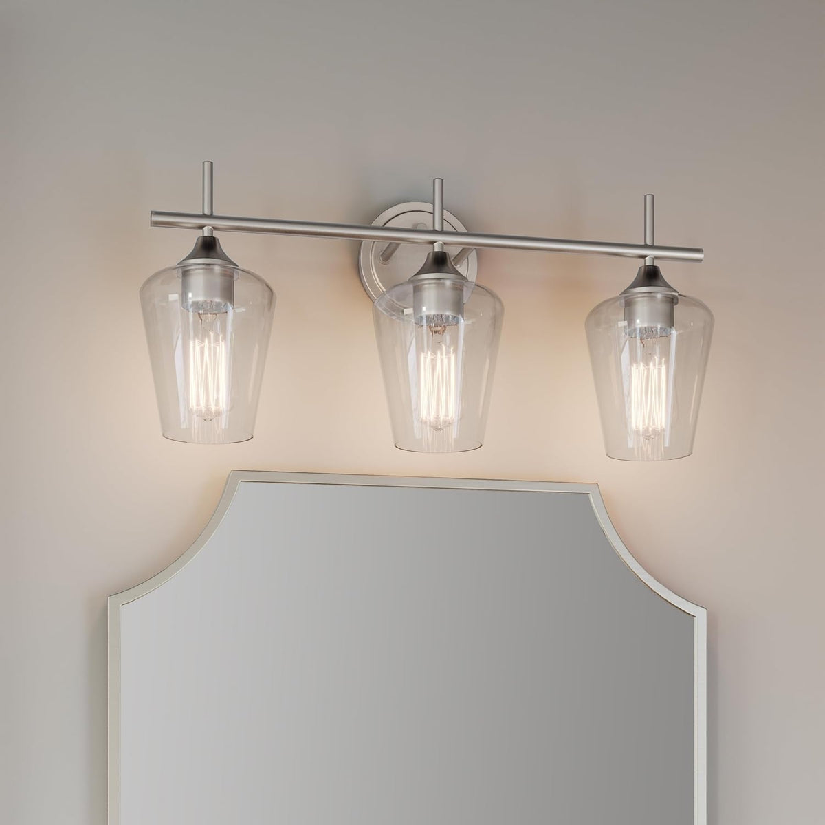 3-Light Vanity Lights, Modern Brushed Nickel with Clear Glass Shade