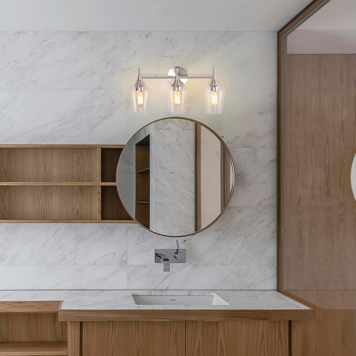 3-Light Vanity Lights, Modern Brushed Nickel with Clear Glass Shade