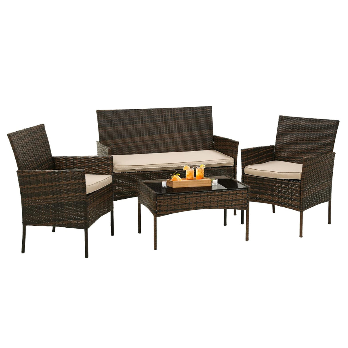 4 Piece Patio Outdoor Chairs set with Table, Outdoor Wicker Furniture set