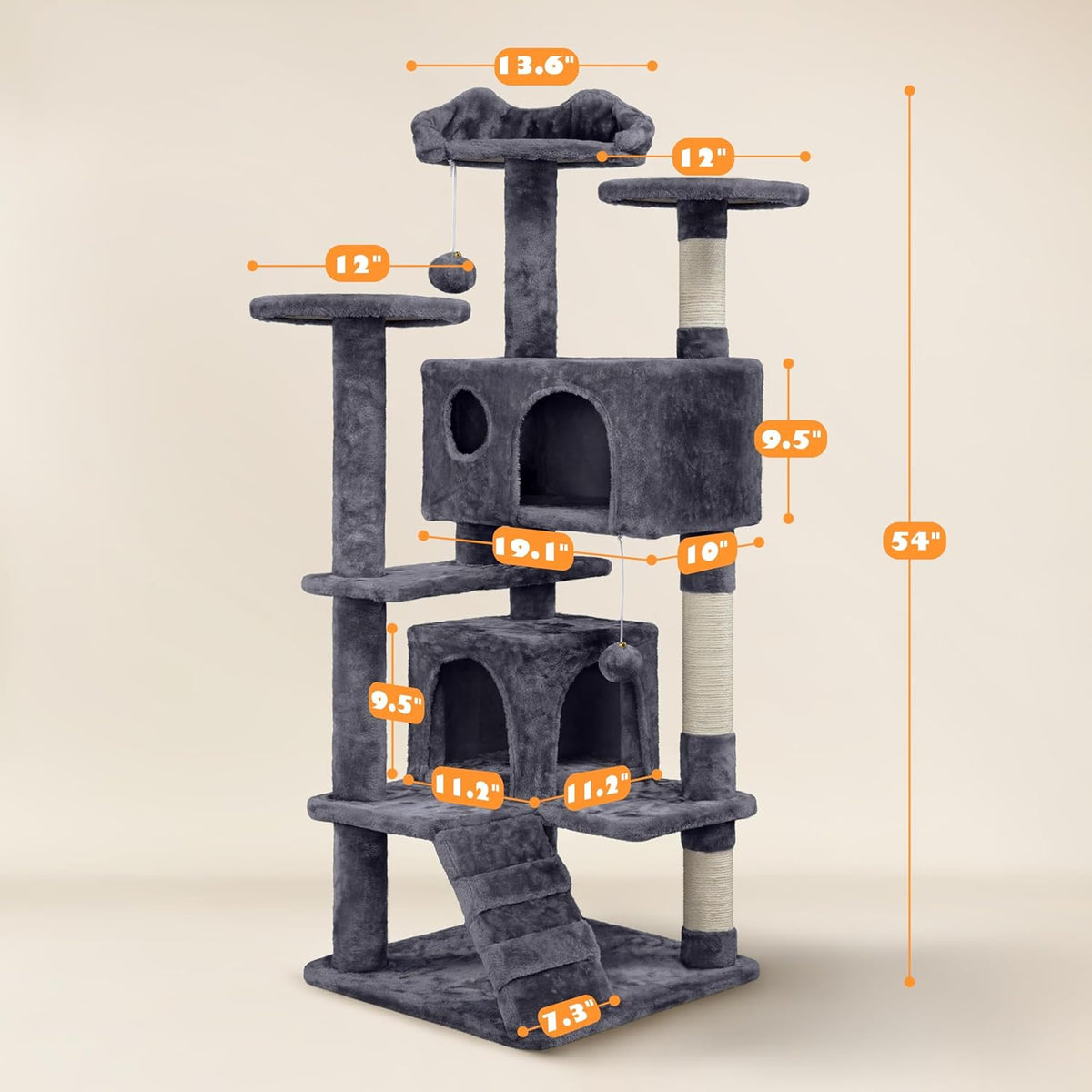 54 Inches Cat Tree Tower, Grey