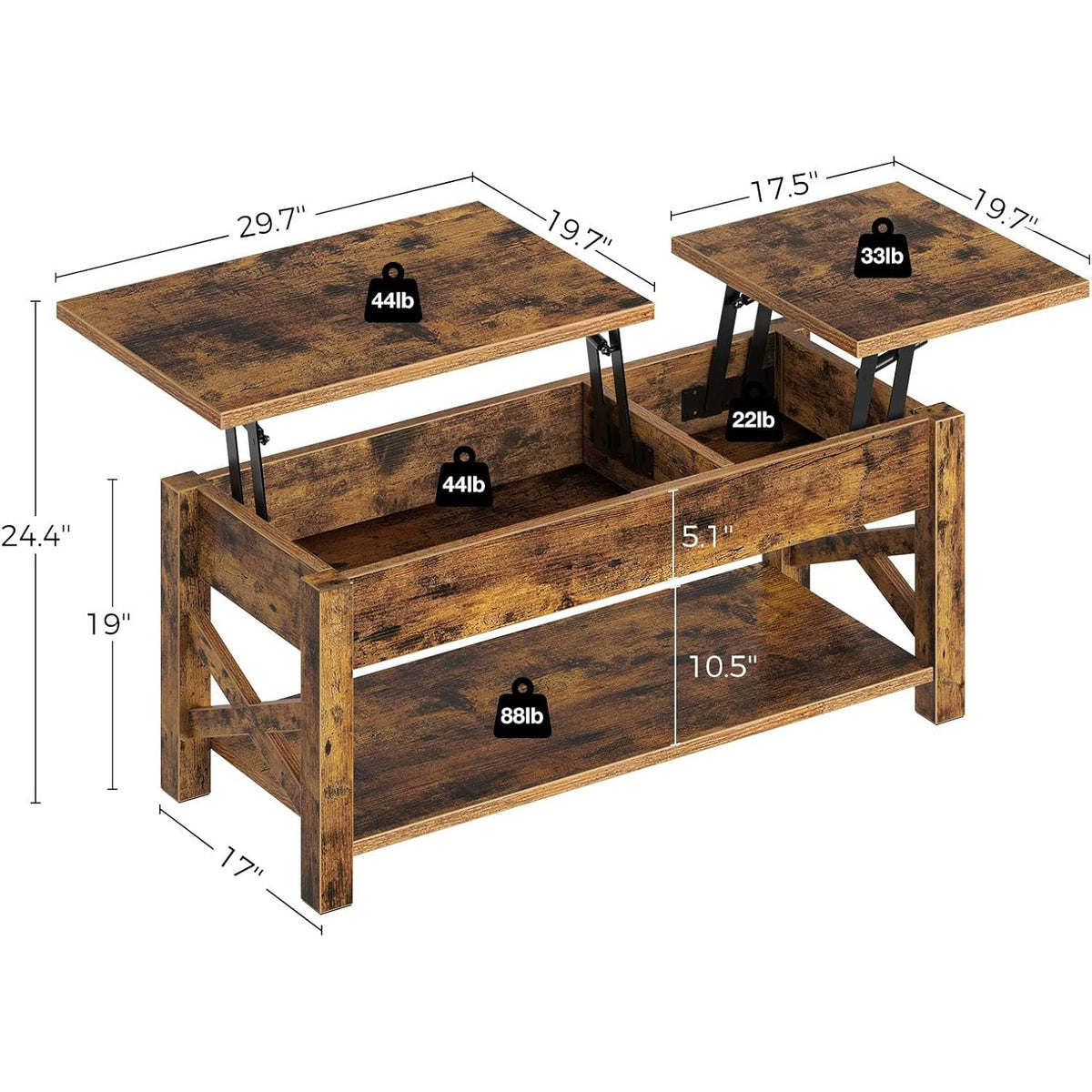 47.2" Lift Top Coffee Table with Hidden Compartment, Brown