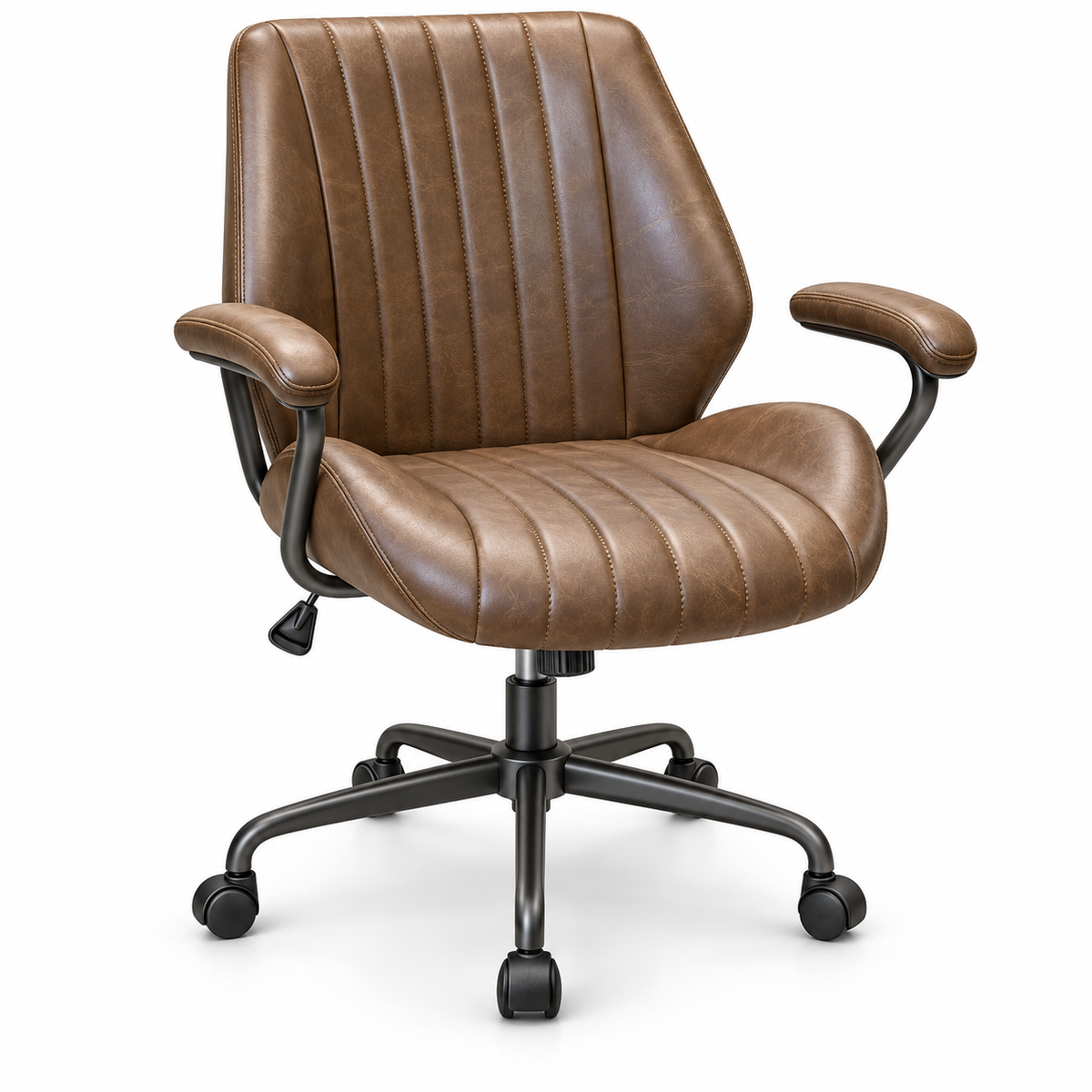 Brown Leather Office Chair with Padded Armrests, Height Adjustable Swivel Desk Chair