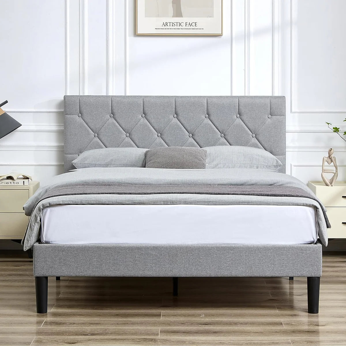 Full Bed Frame Upholstered Platform with Adjustable Diamond Tufted Headboard
