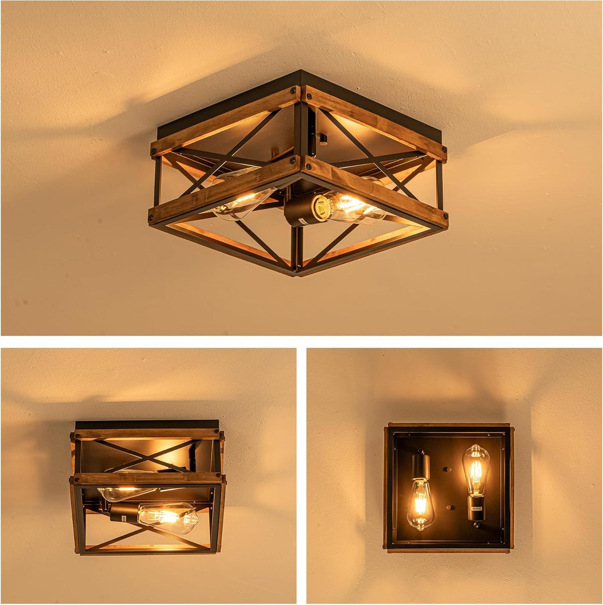 Black Flush Mount Ceiling Light with Metal & Wood Frame