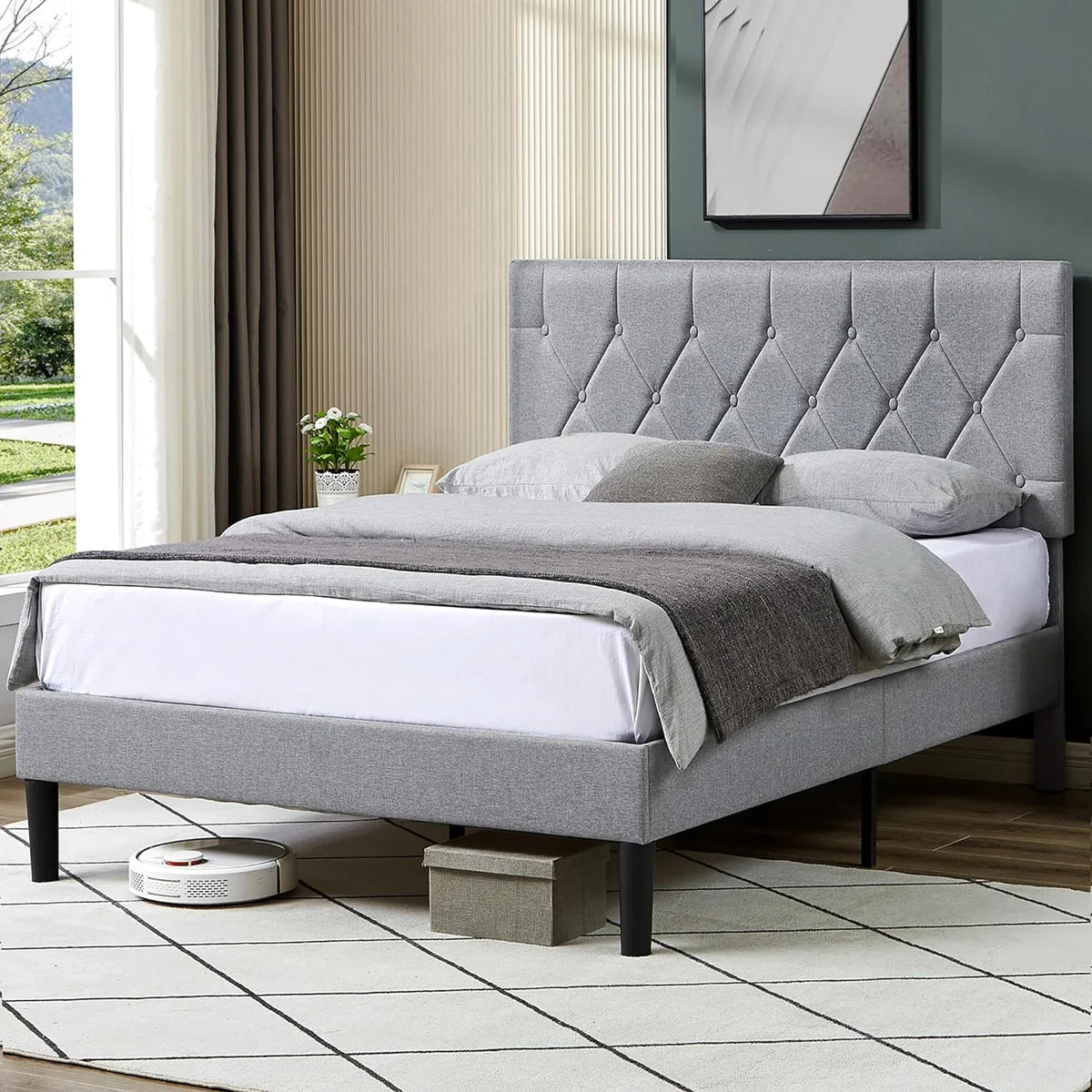 Full Bed Frame Upholstered Platform with Adjustable Diamond Tufted Headboard