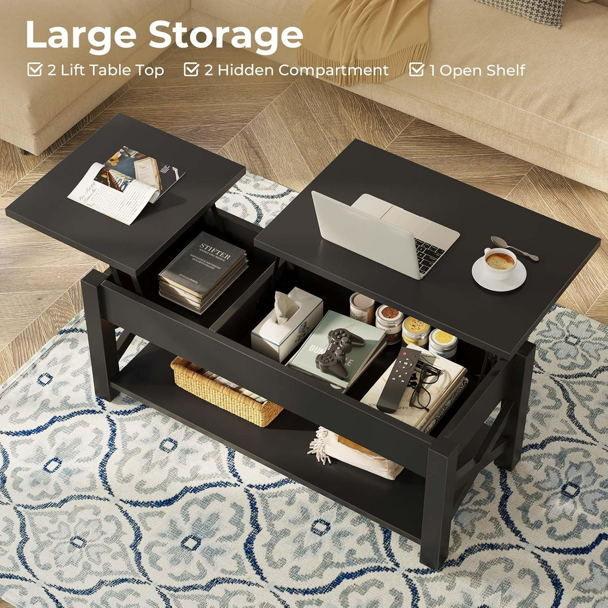 Lift Top Coffee Table With Storage Shelf, Black