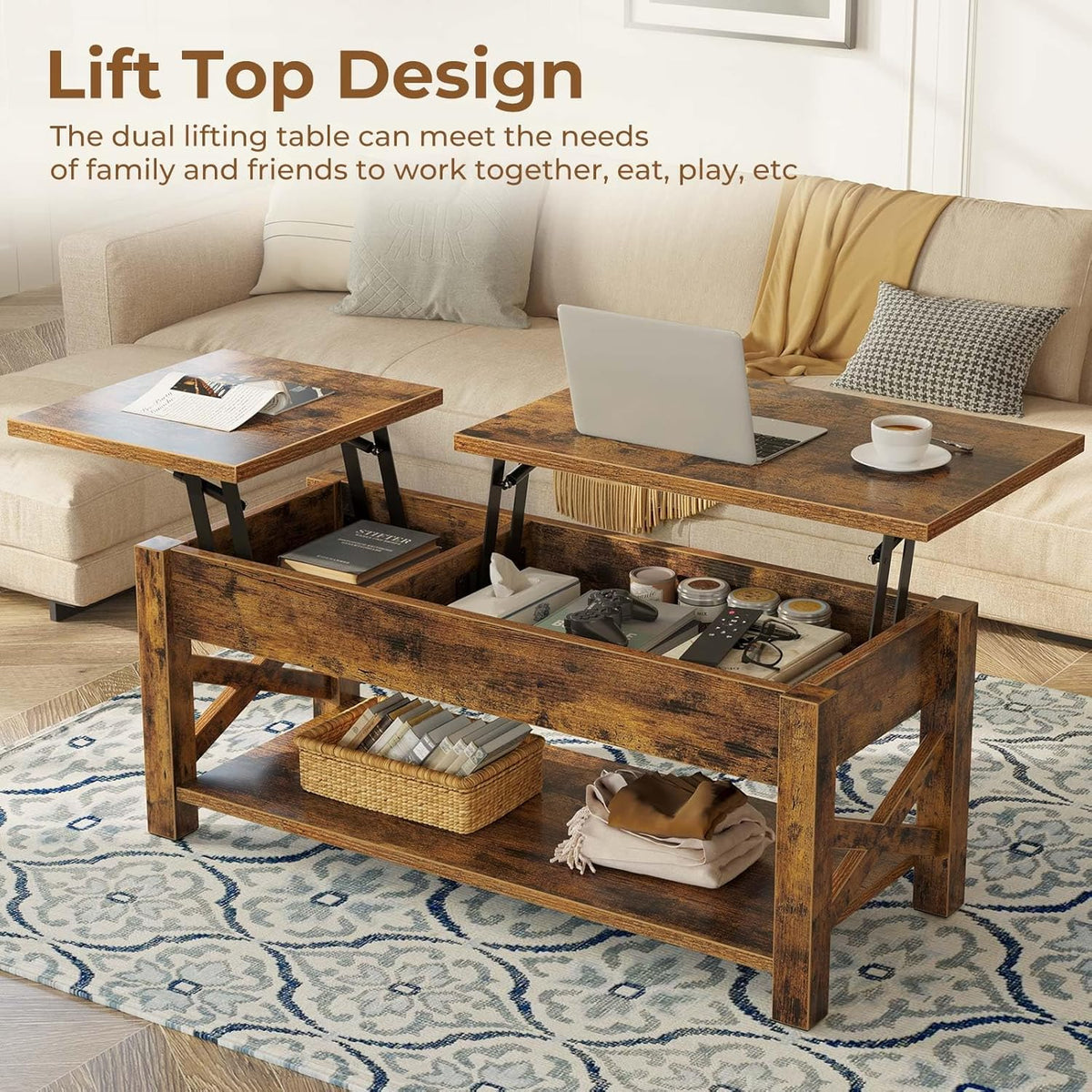 47.2" Lift Top Coffee Table with Hidden Compartment, Brown