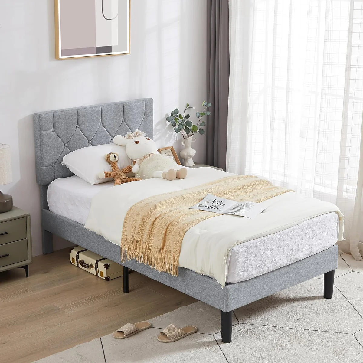 Full Bed Frame Upholstered Platform with Adjustable Diamond Tufted Headboard