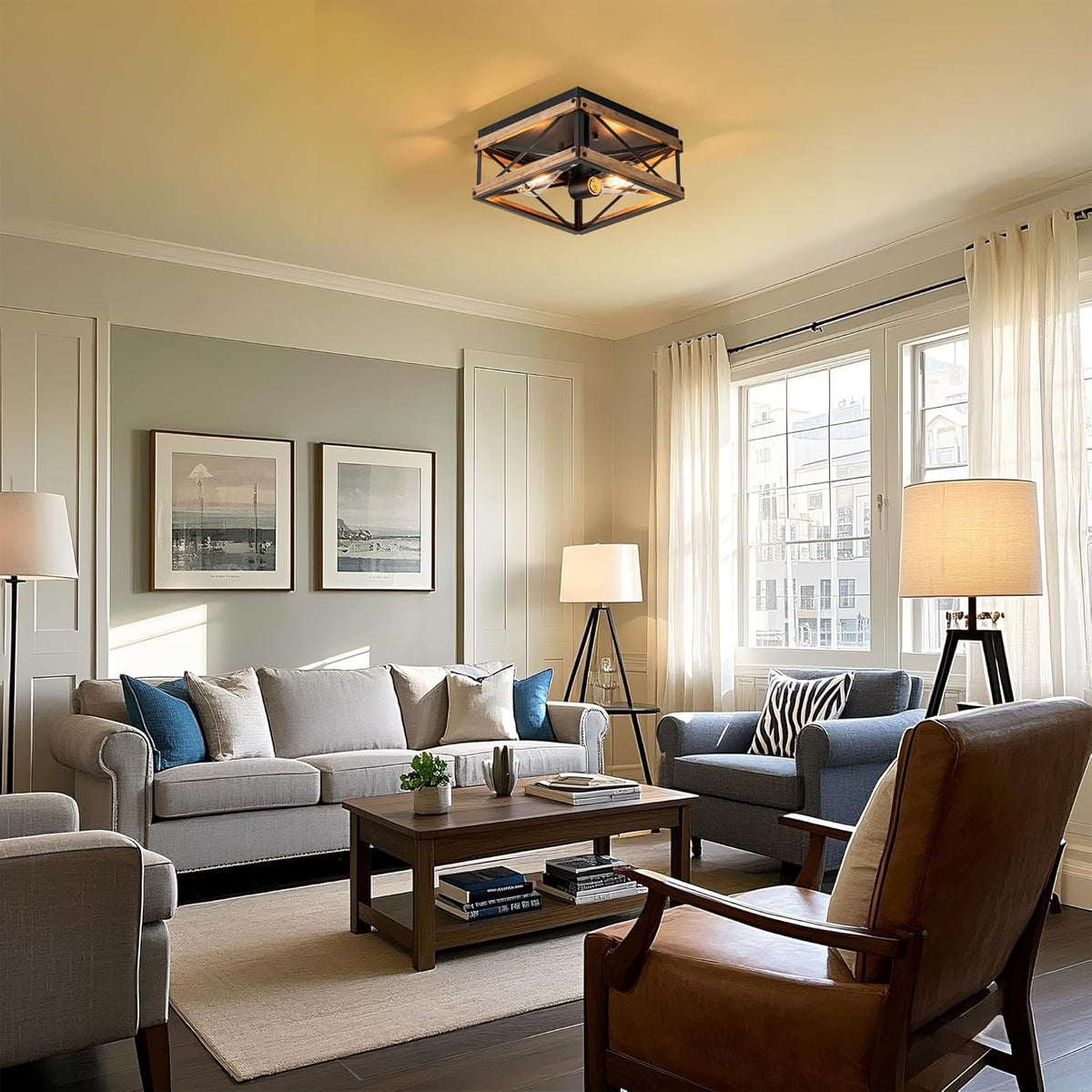 Black Flush Mount Ceiling Light with Metal & Wood Frame