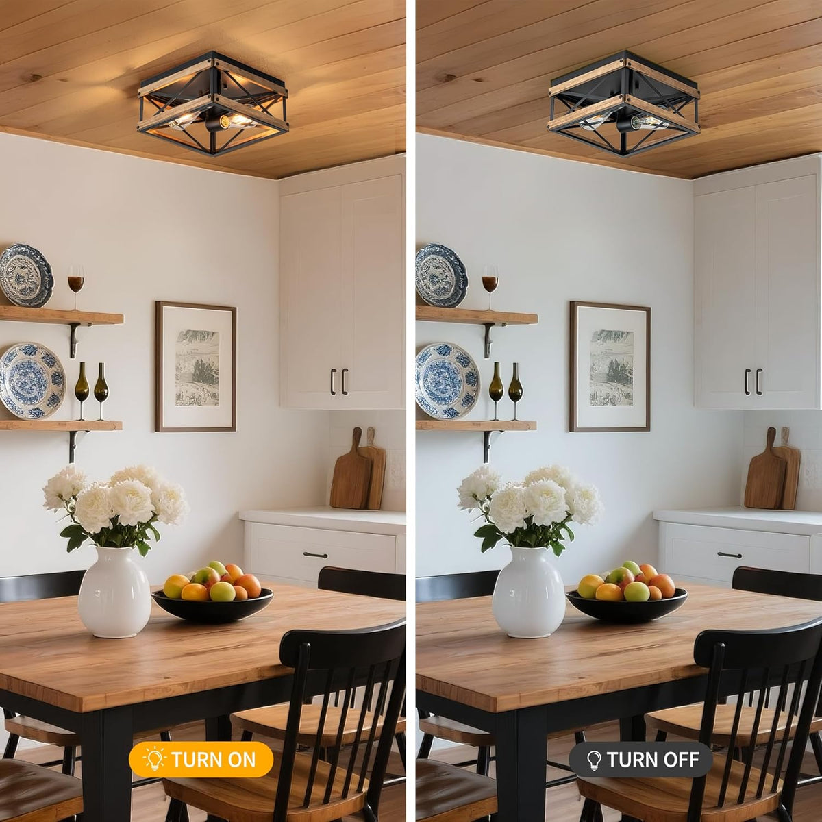 Black Flush Mount Ceiling Light with Metal & Wood Frame