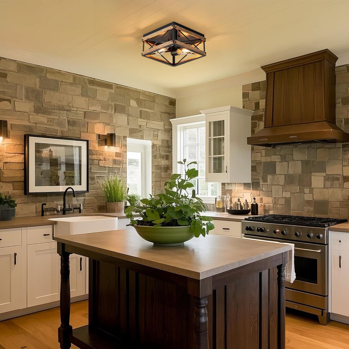 Black Flush Mount Ceiling Light with Metal & Wood Frame