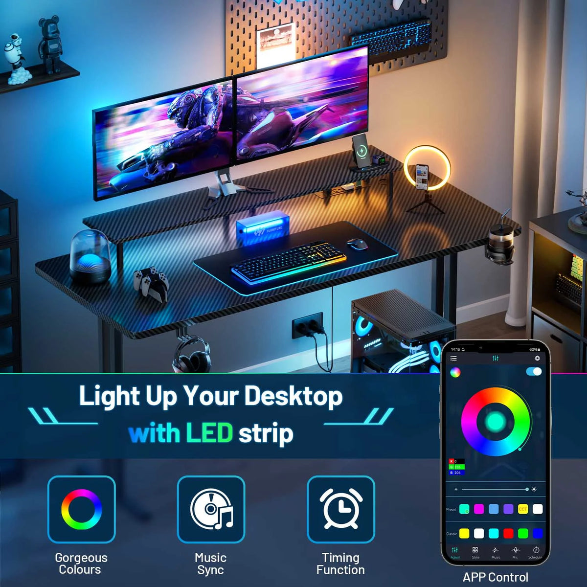 47" Two-Wire Base Gaming Desk with LED Lights