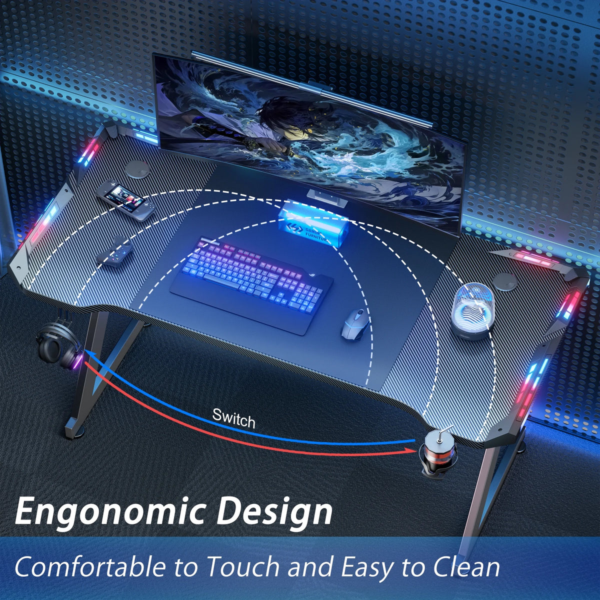 47" Carbon Fiber Gaming Desk with LED Lights