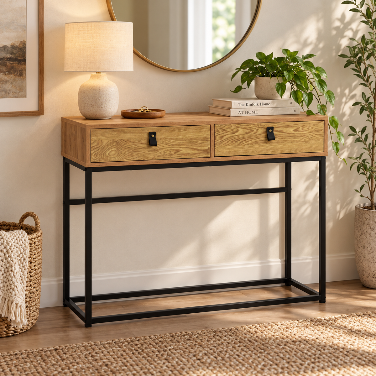 Industrial 2-Drawer Console Table with Wood Finish and Black Metal Frame