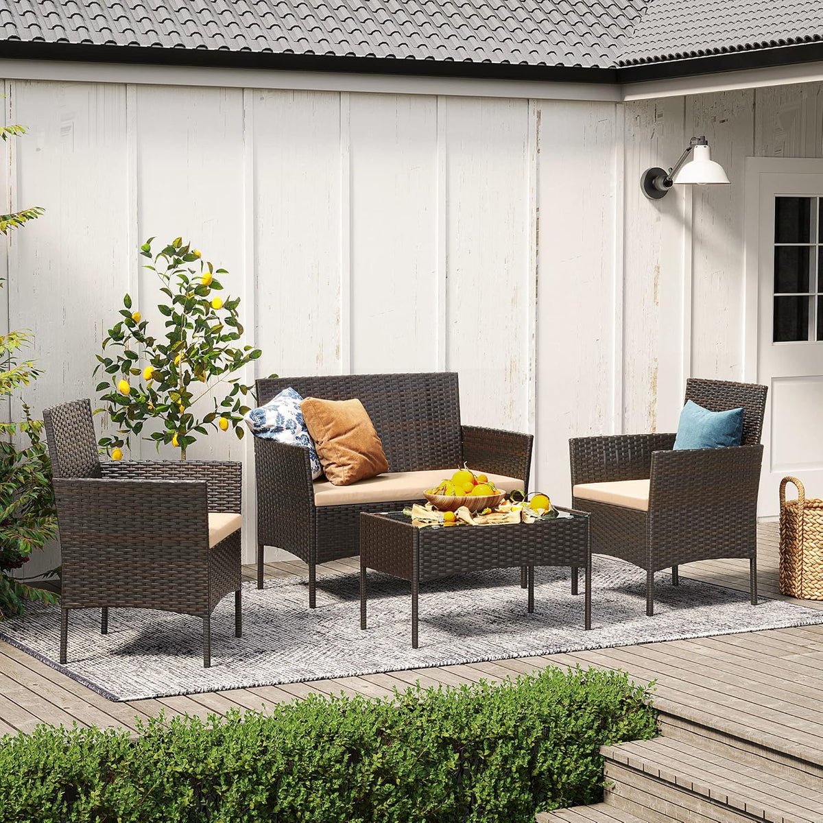 4 Piece Patio Outdoor Chairs set with Table, Outdoor Wicker Furniture set