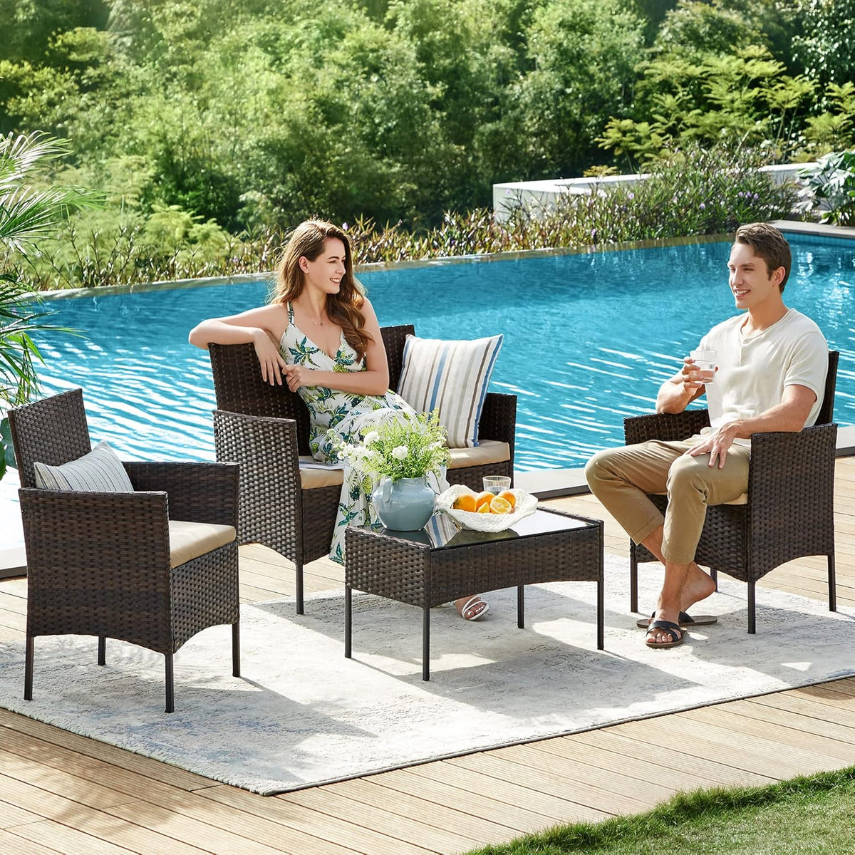4 Piece Patio Outdoor Chairs set with Table, Outdoor Wicker Furniture set
