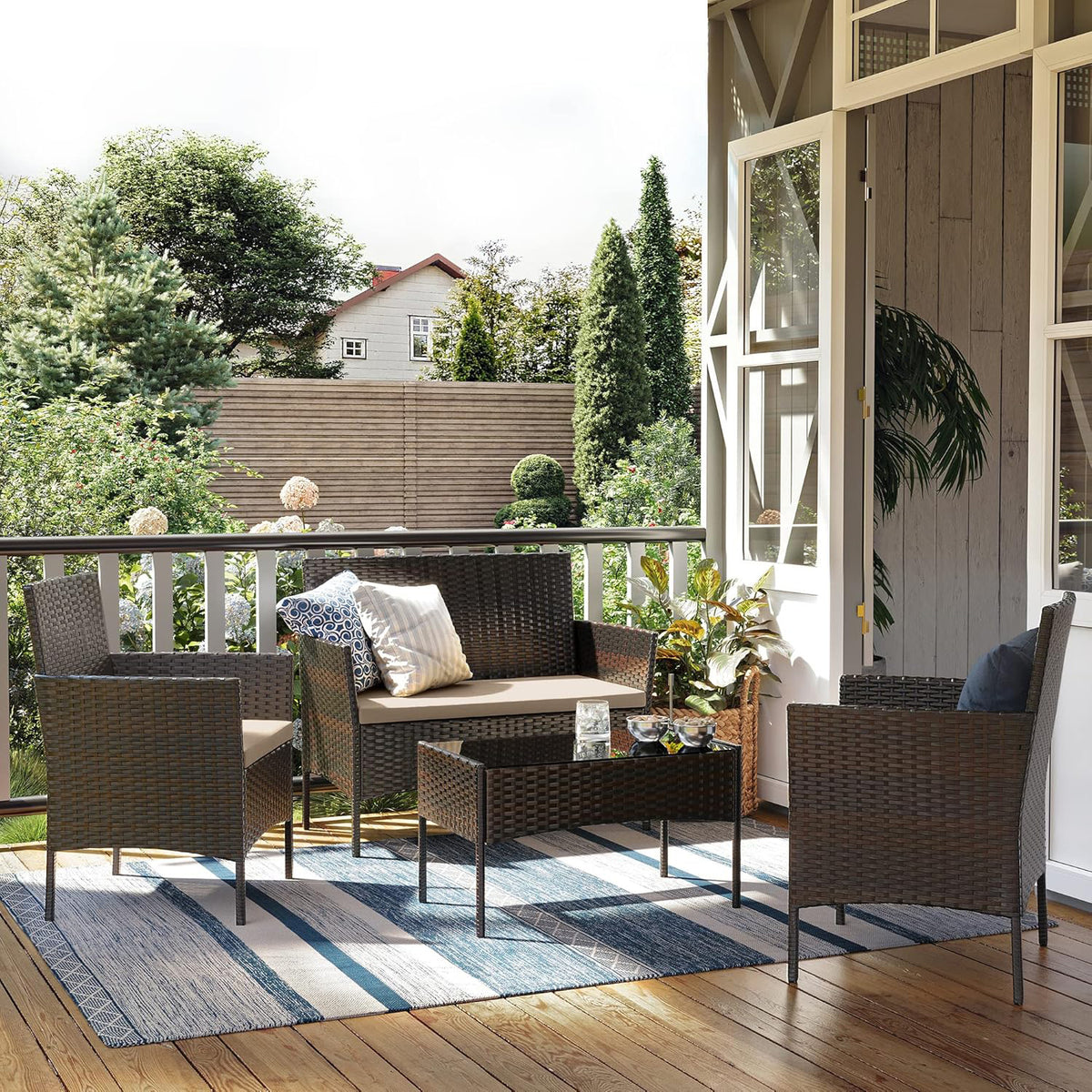 4 Piece Patio Outdoor Chairs set with Table, Outdoor Wicker Furniture set