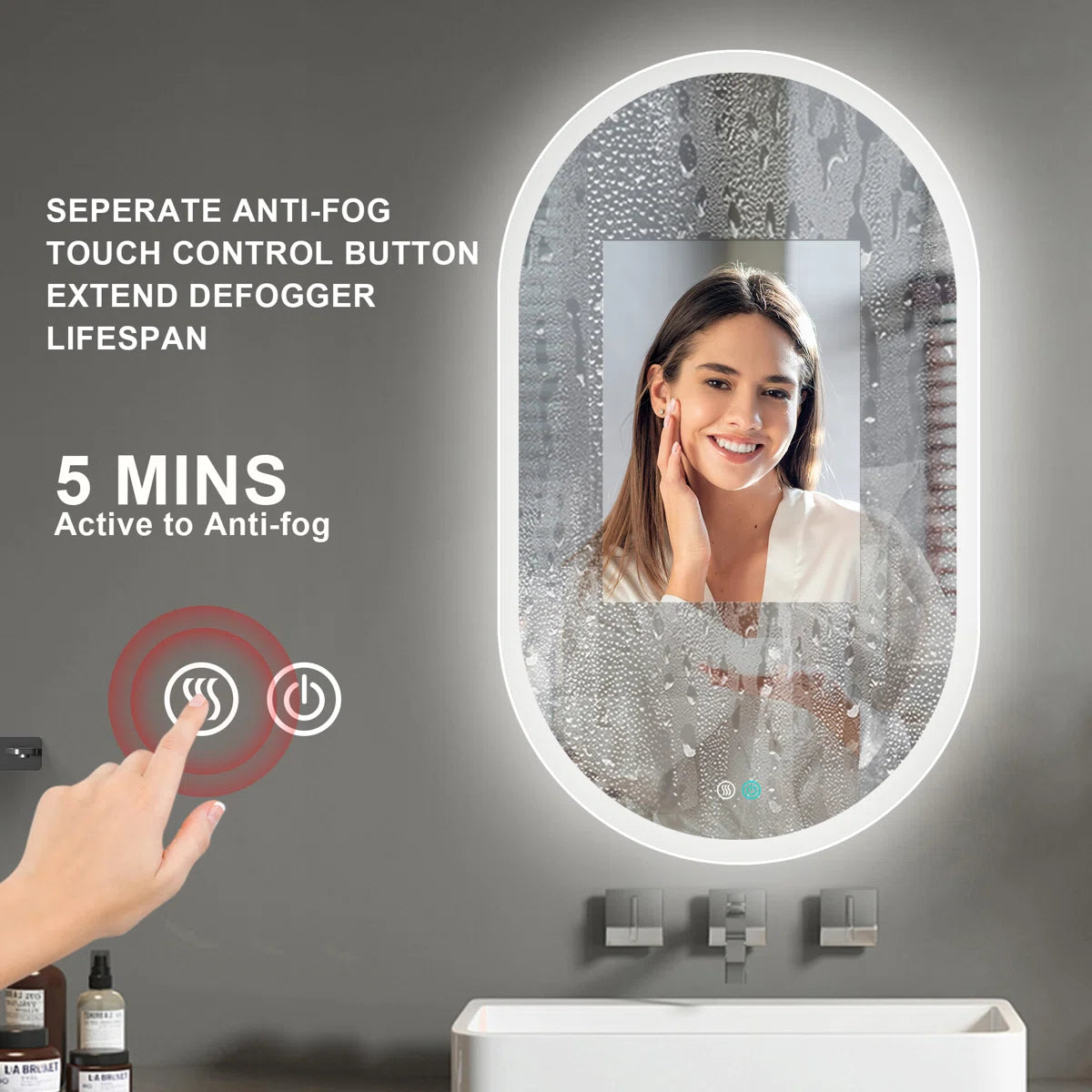 Oval LED Bathroom Mirror - Dimmable, Anti-Fog, 3 CCT