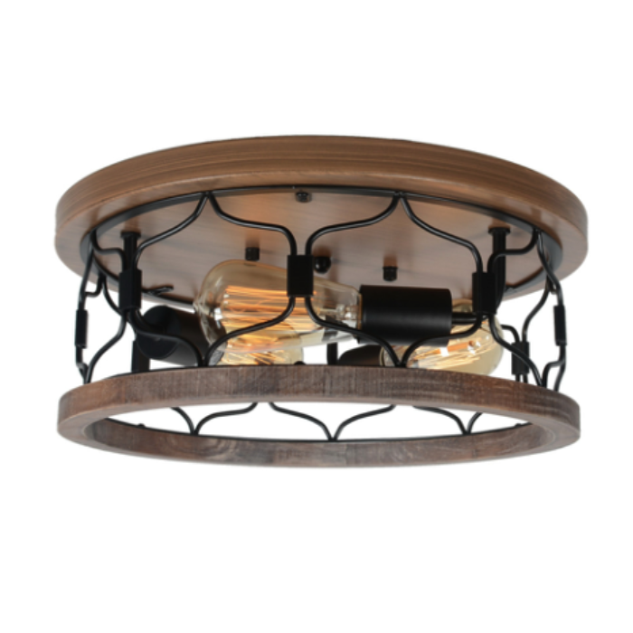 Black Flush Mount Ceiling Light with Metal & Wood Frame Round