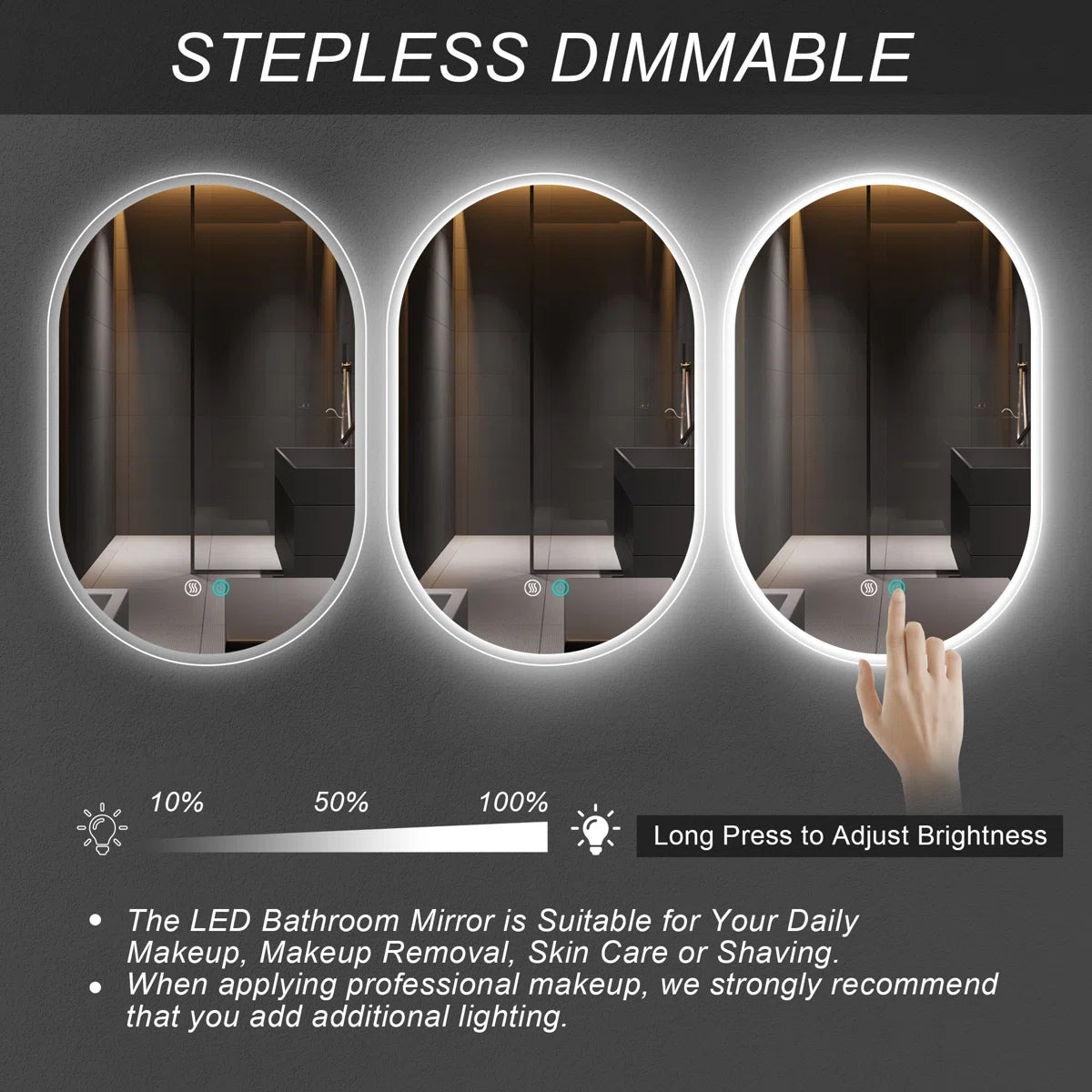 Oval LED Bathroom Mirror - Dimmable, Anti-Fog, 3 CCT