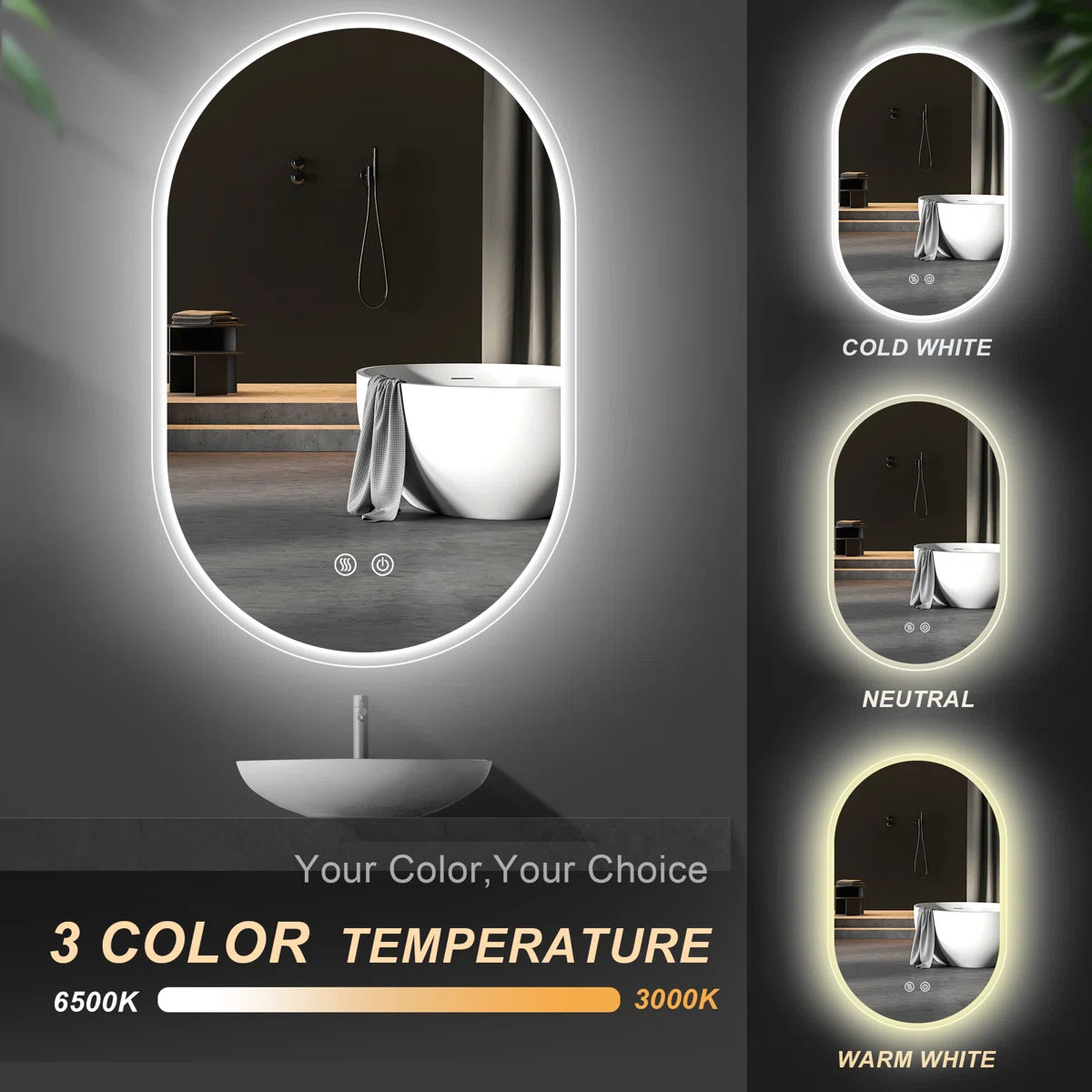 Oval LED Bathroom Mirror - Dimmable, Anti-Fog, 3 CCT
