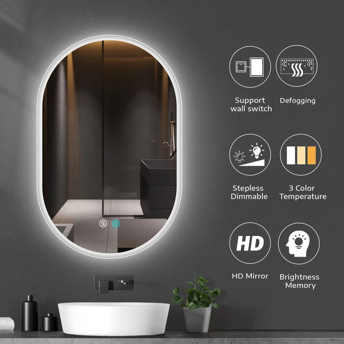 Oval LED Bathroom Mirror - Dimmable, Anti-Fog, 3 CCT