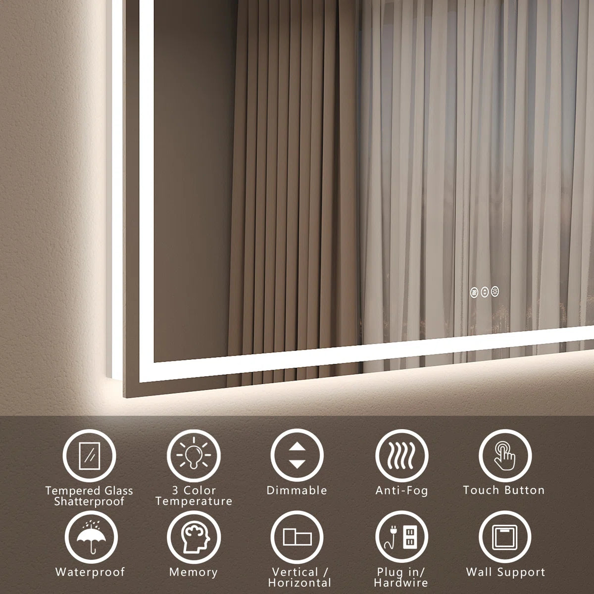 Square LED Bathroom Mirror - Dimmable, Anti-Fog, 3 CCT