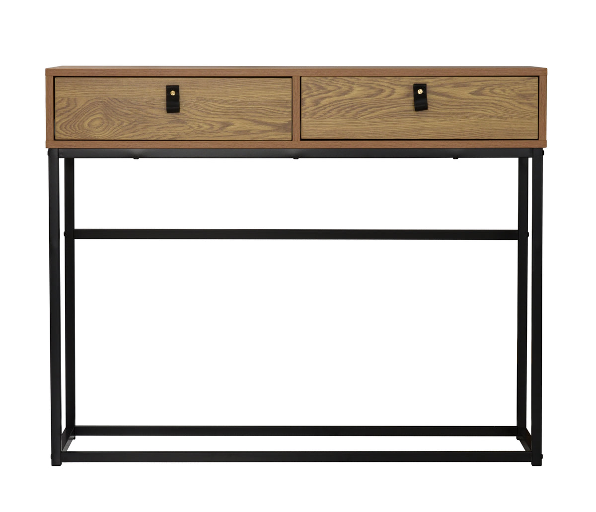 Industrial 2-Drawer Console Table with Wood Finish and Black Metal Frame