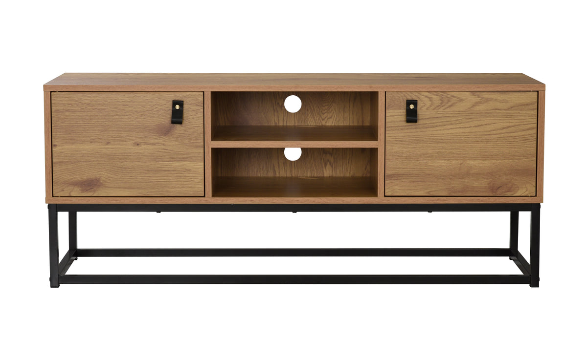 Industrial 2-Door TV Stand with Wood Finish and Black Metal Frame