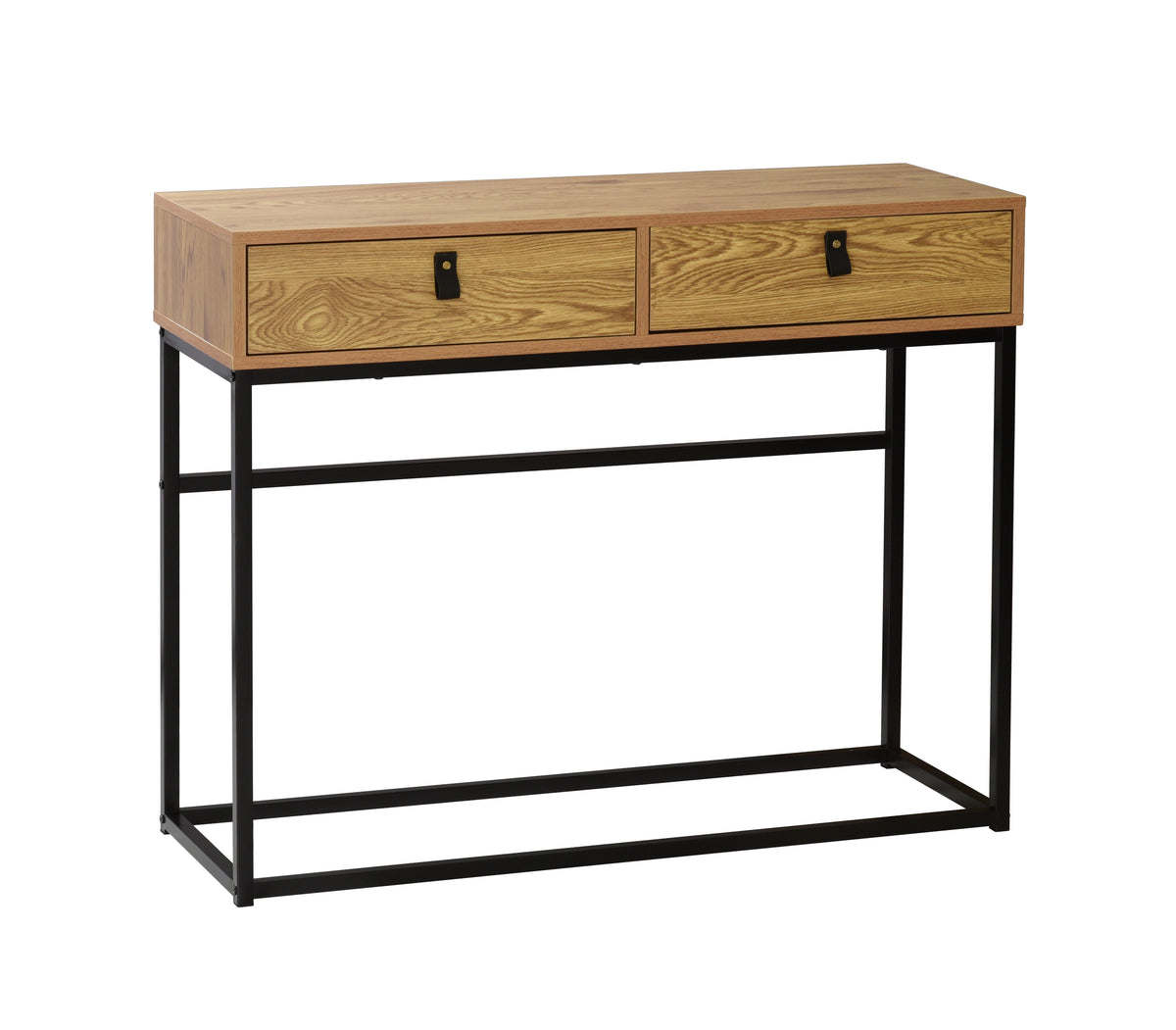 Industrial 2-Drawer Console Table with Wood Finish and Black Metal Frame