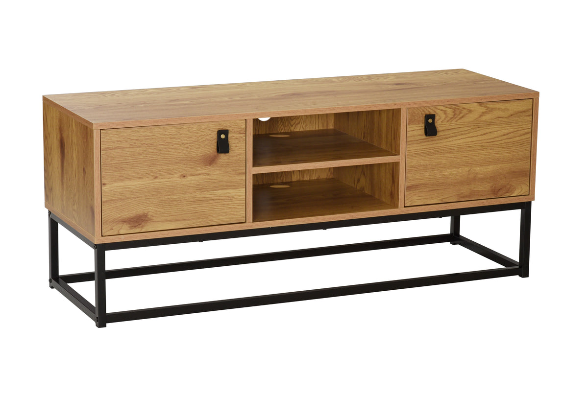 Industrial 2-Door TV Stand with Wood Finish and Black Metal Frame