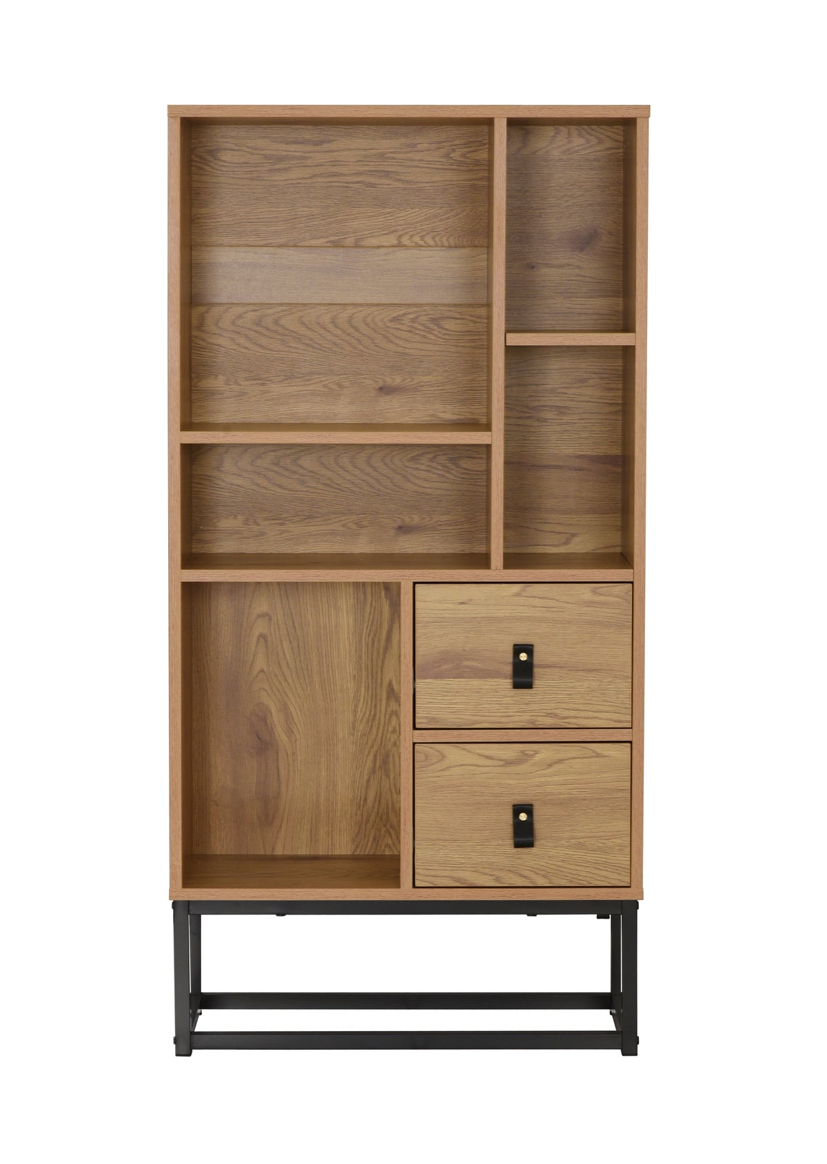 Industrial Display Cabinet with 2 Drawers, Wood Finish and Black Metal Frame