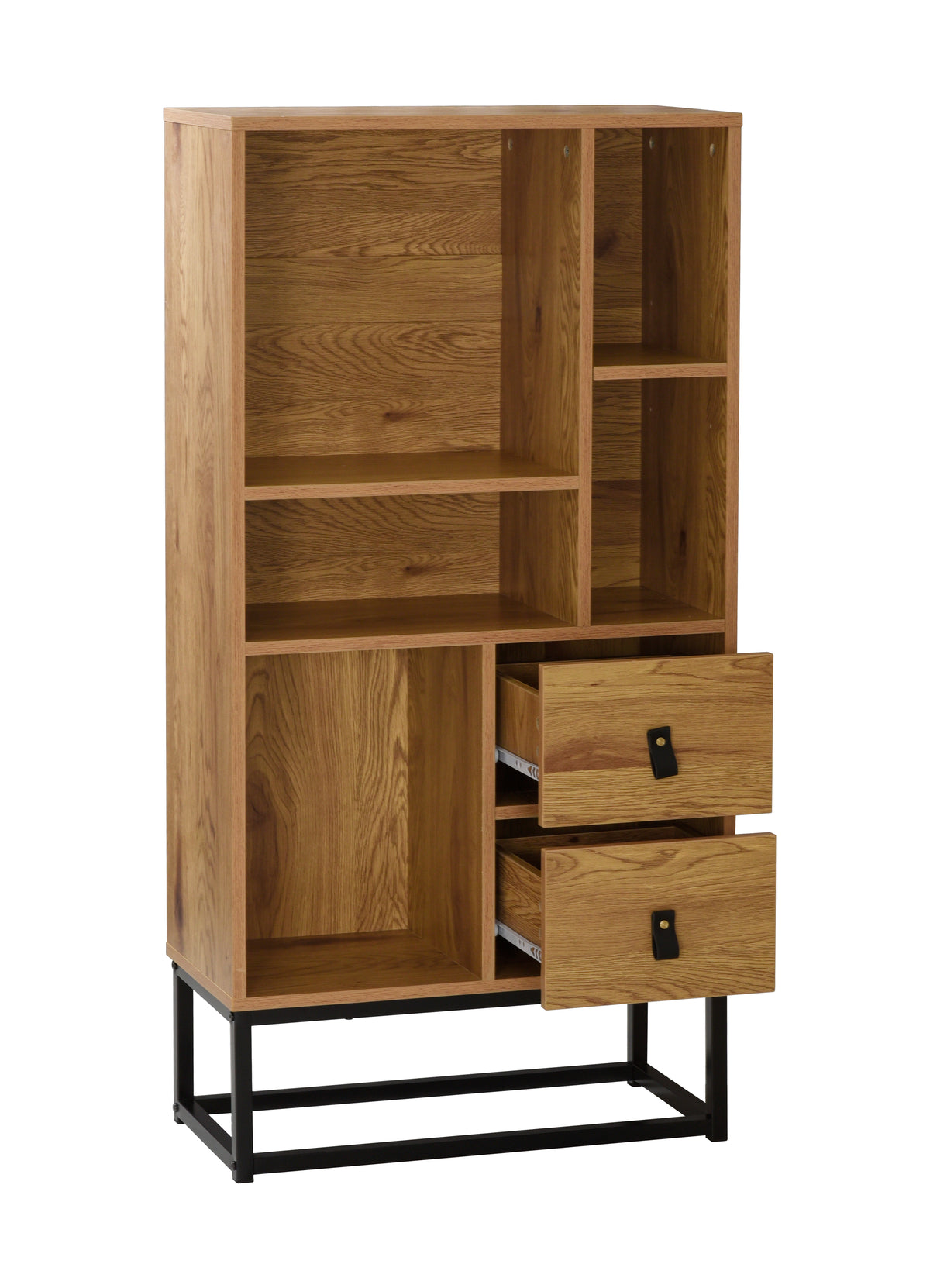Industrial Display Cabinet with 2 Drawers, Wood Finish and Black Metal Frame