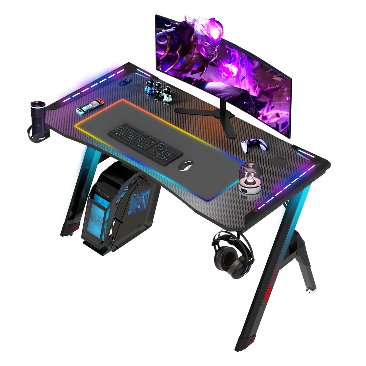 47" Ergonomic Carbon Fiber Gaming Desk with LED Lights